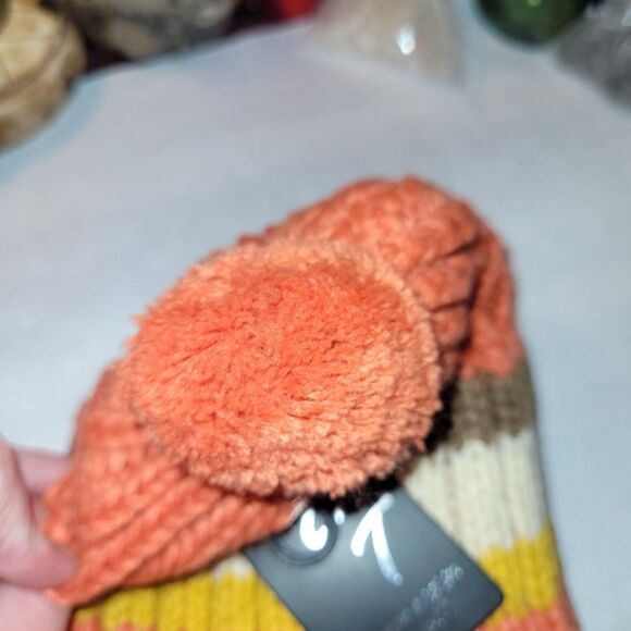 New Knit Striped Beanie Toboggan - Orange, Yellow, Brown, Cream - Picture 2 of 6